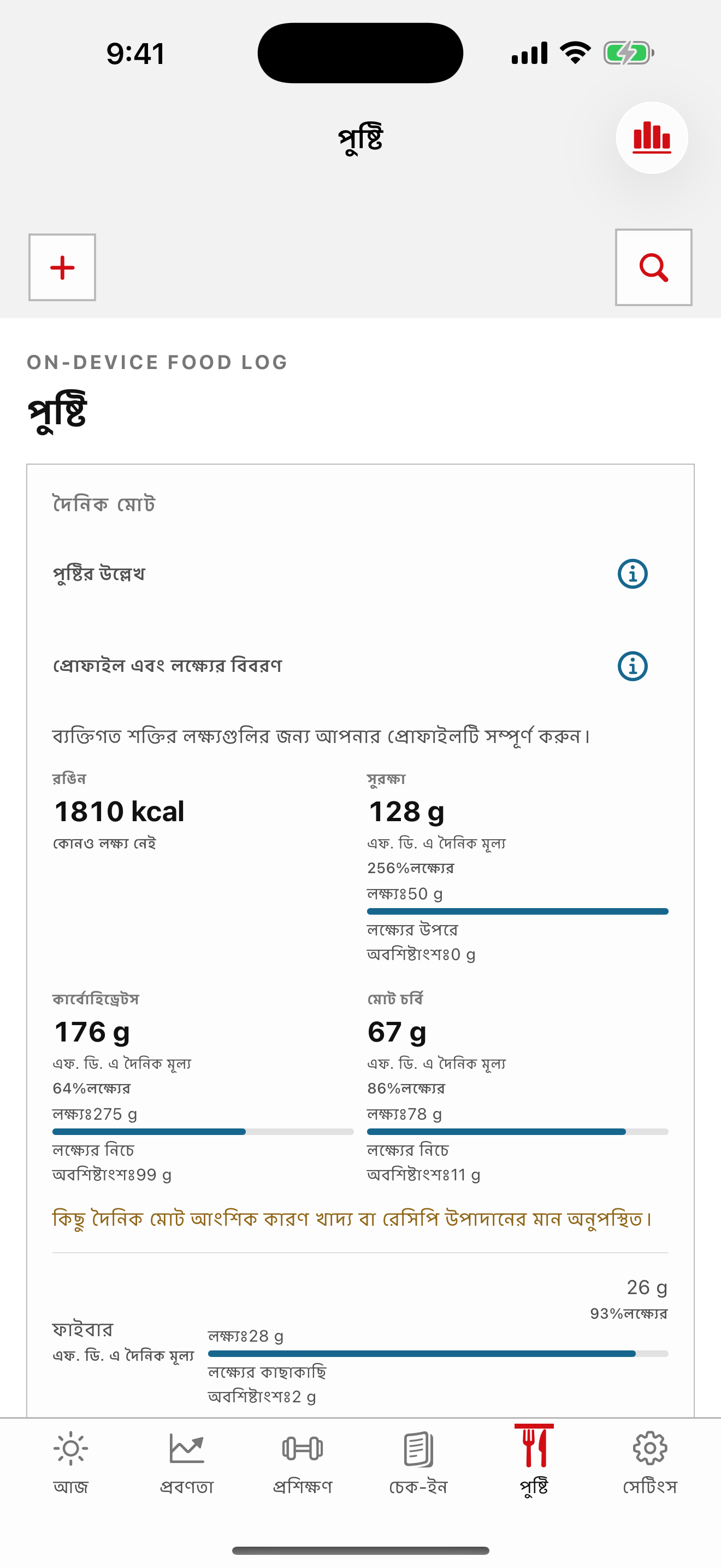 ক্যালোরি, ম্যাক্রো এবং উপলব্ধ পুষ্টি সহ সালুস নিউট্রিশন স্ক্রিন