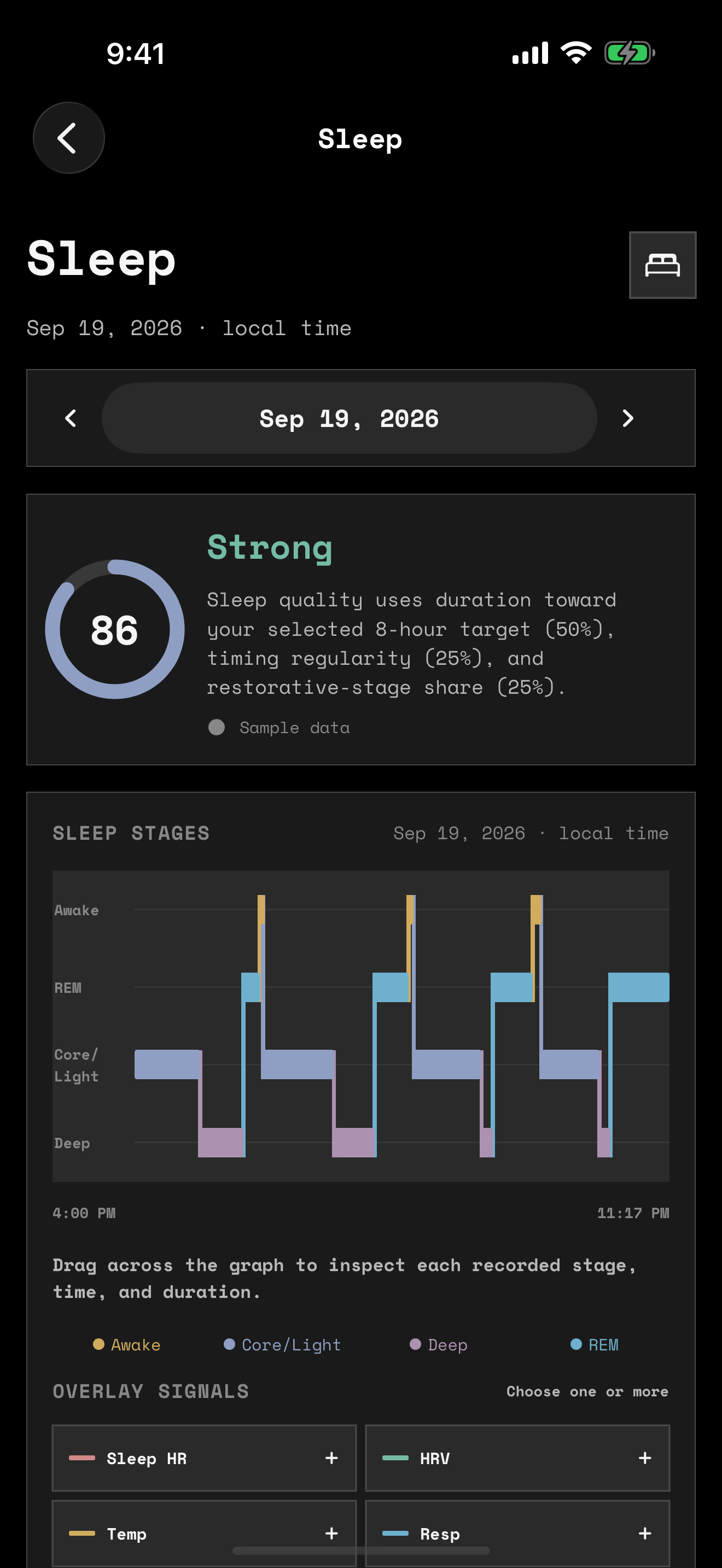 Salus Sleep screen with stages and available nightly signals