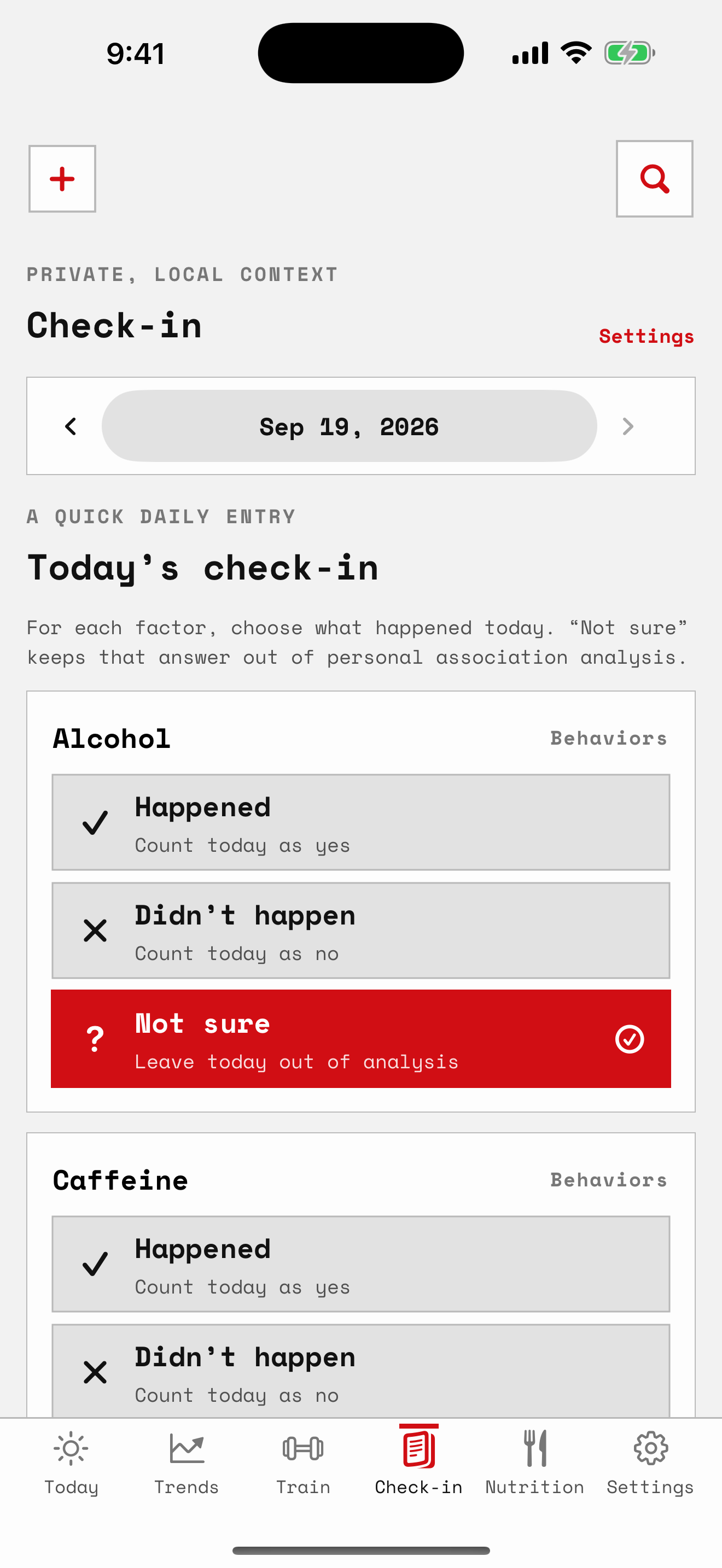 Salus private Journal and Check-in screen