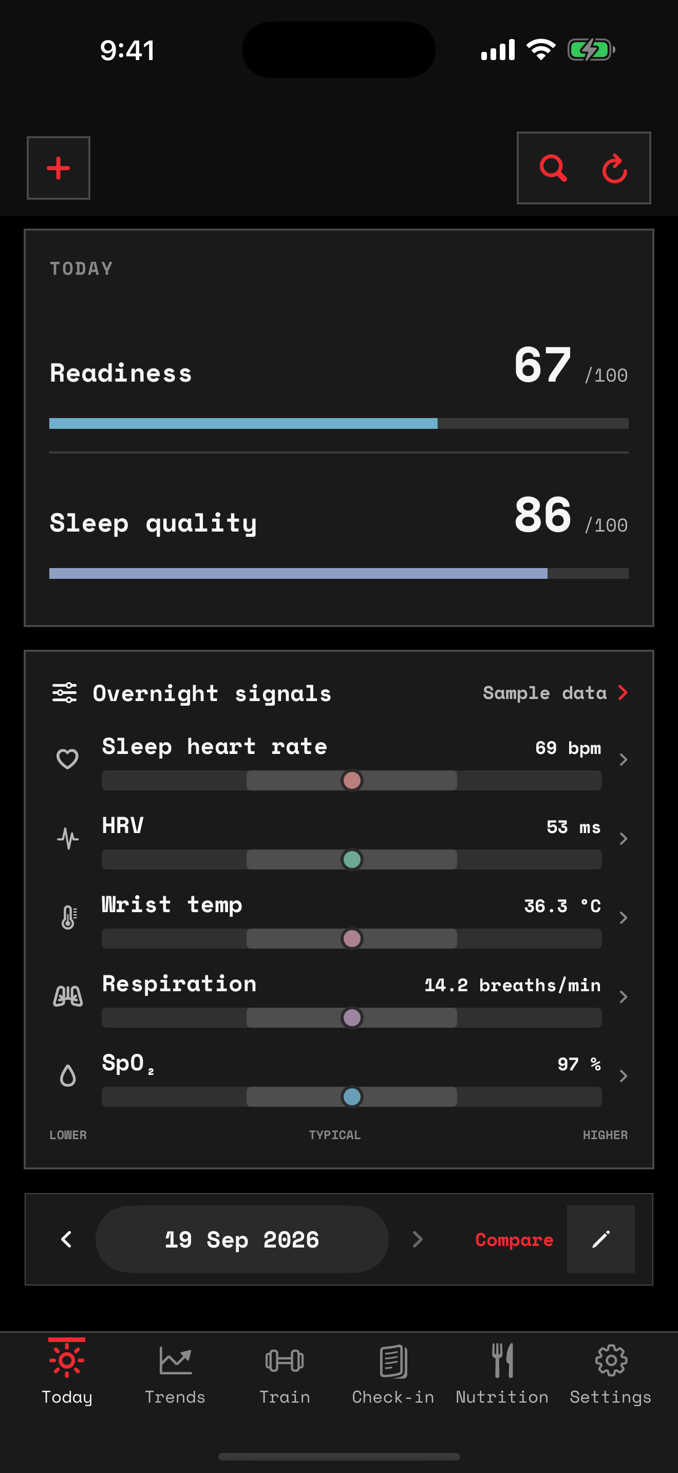 Salus Today screen with readiness, sleep, and available nightly signals