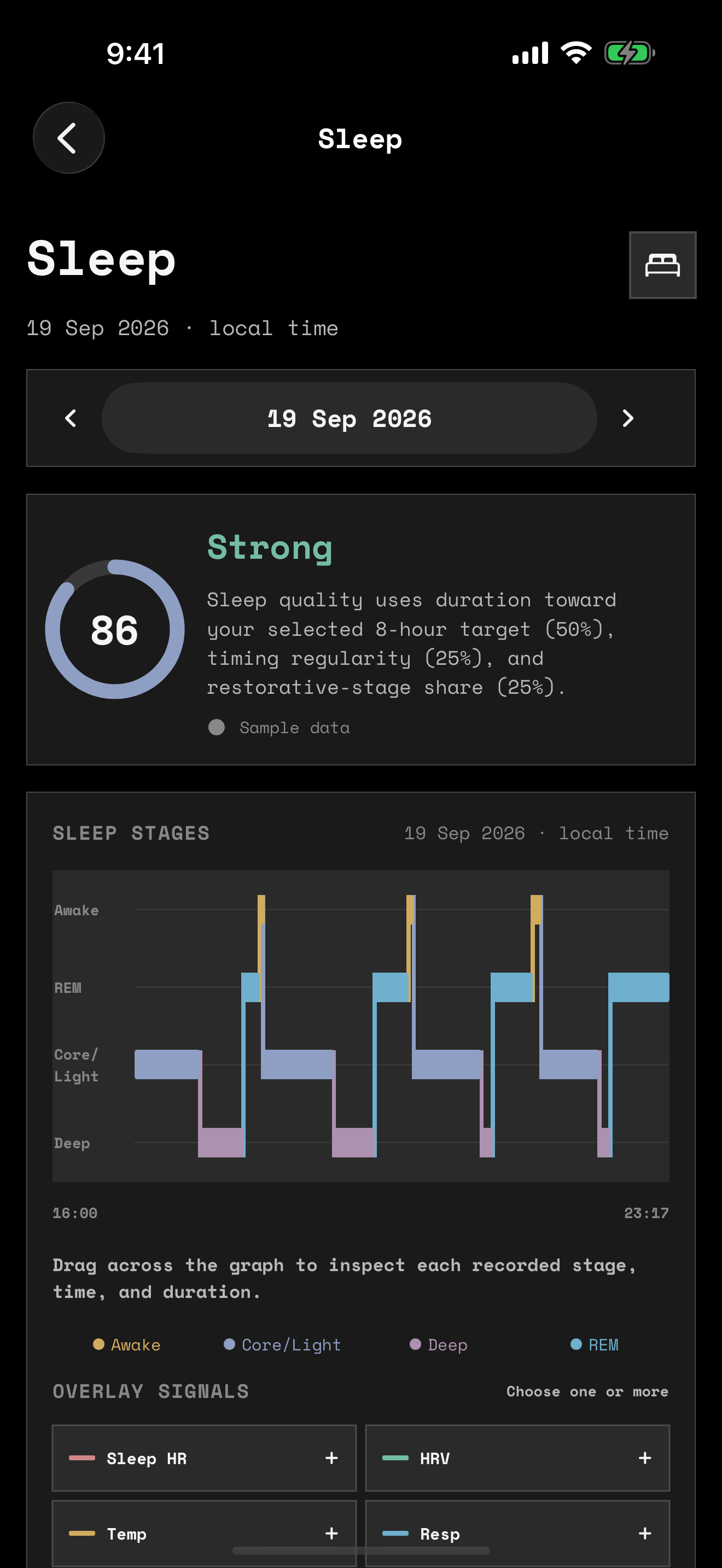 Salus Sleep screen with stages and available nightly signals