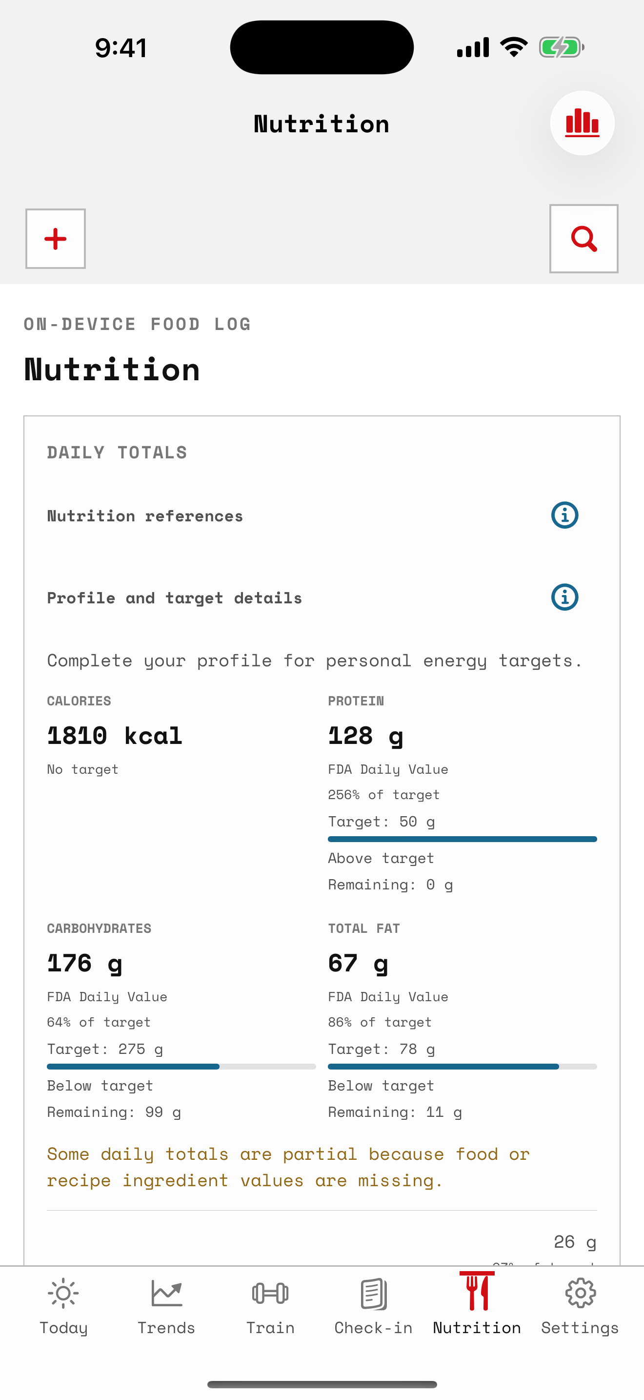 Salus Nutrition screen with calories, macros, and available nutrients