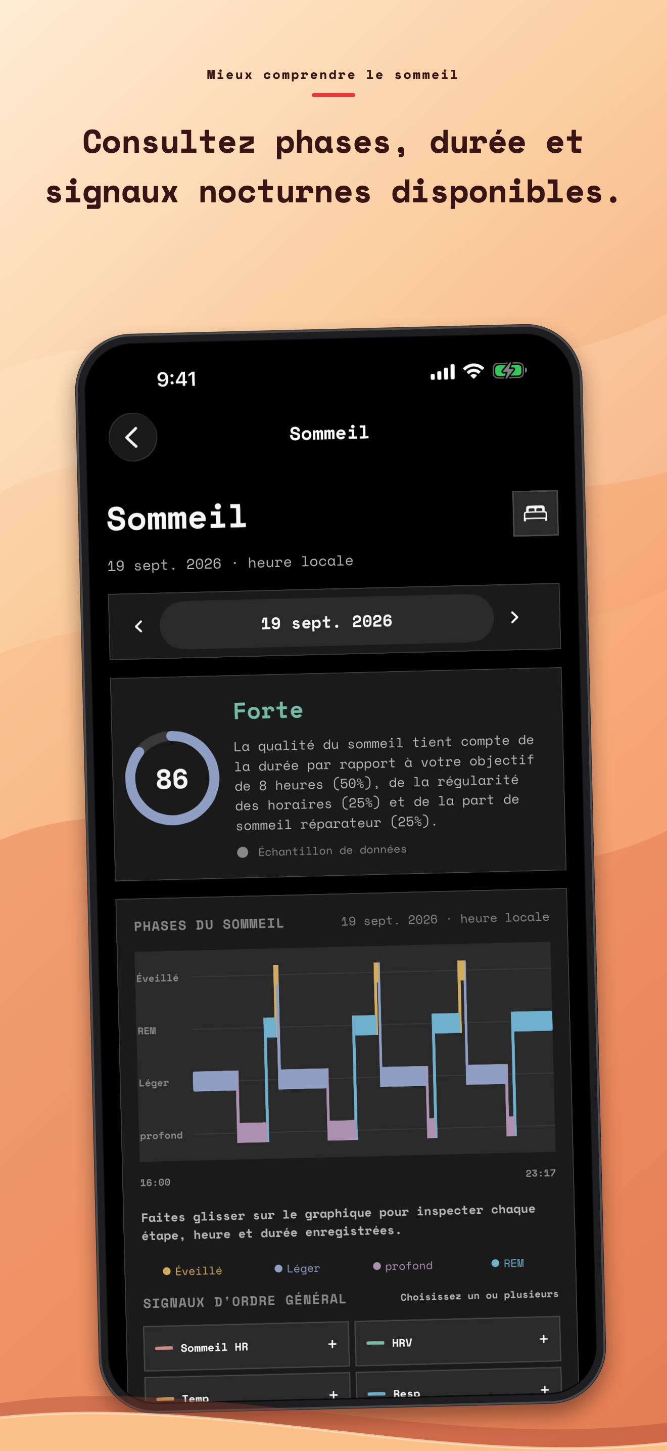 Écran de sommeil Salus avec des étapes et des signaux nocturnes disponibles