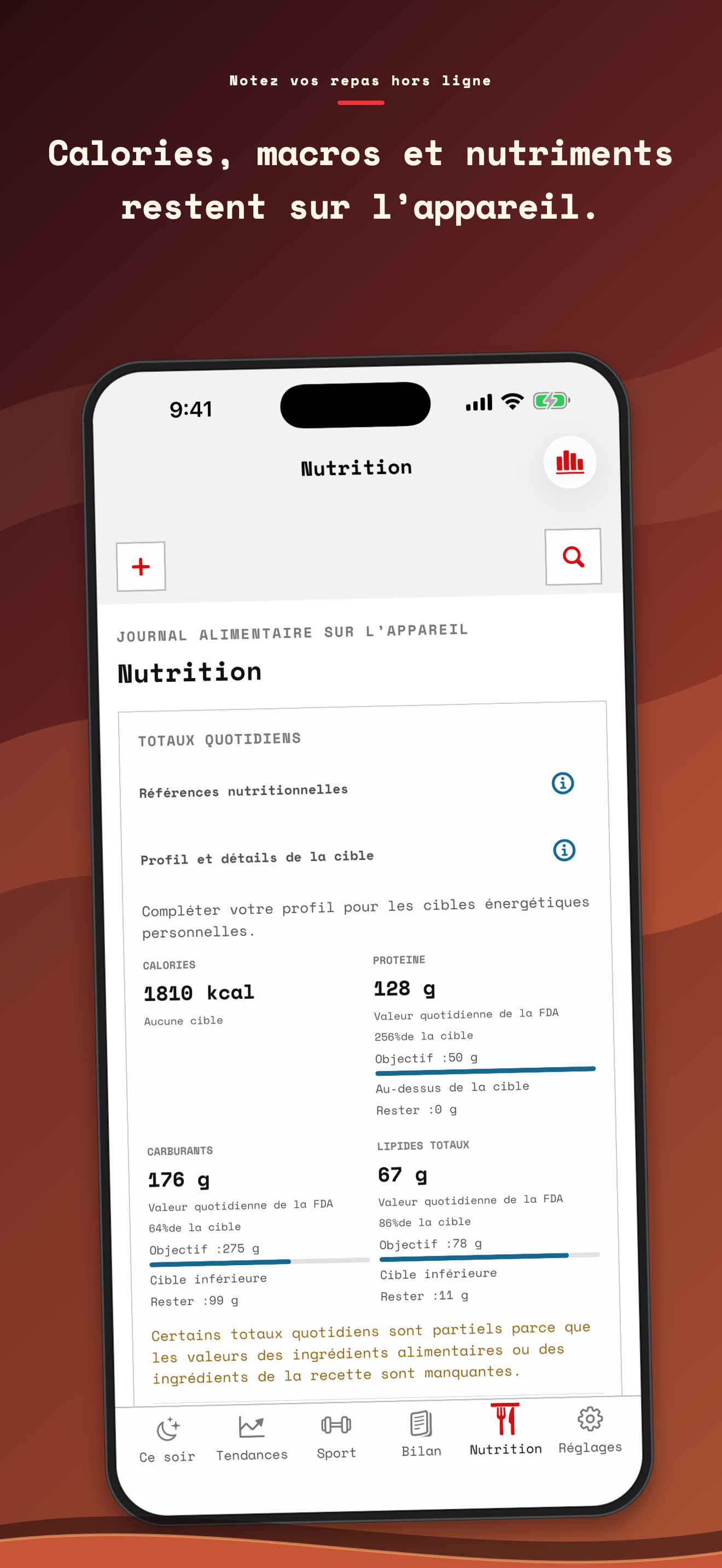 Écran de nutrition de Salus avec des calories, des macros et des nutriments disponibles