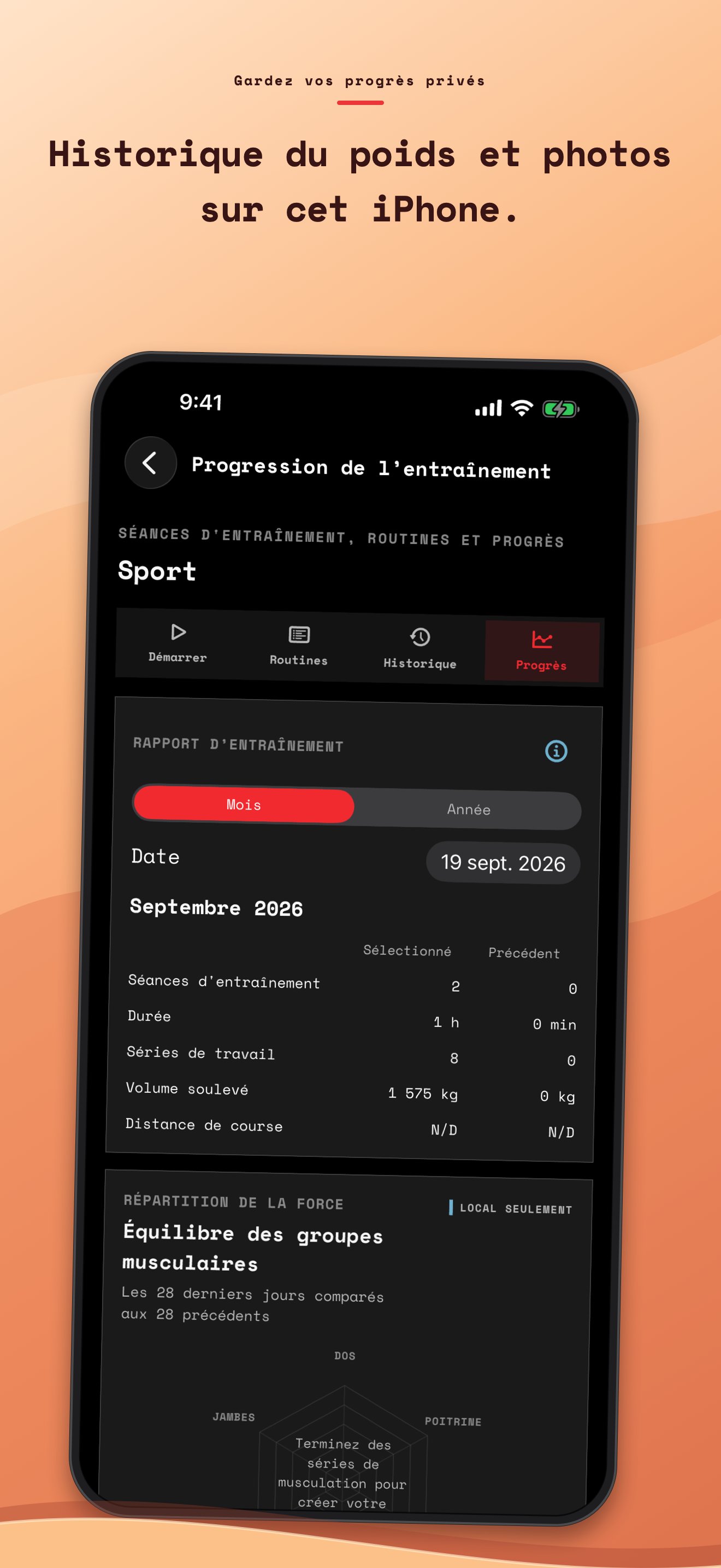 Écran de progression de l'entraînement Salus avec l'histoire personnelle