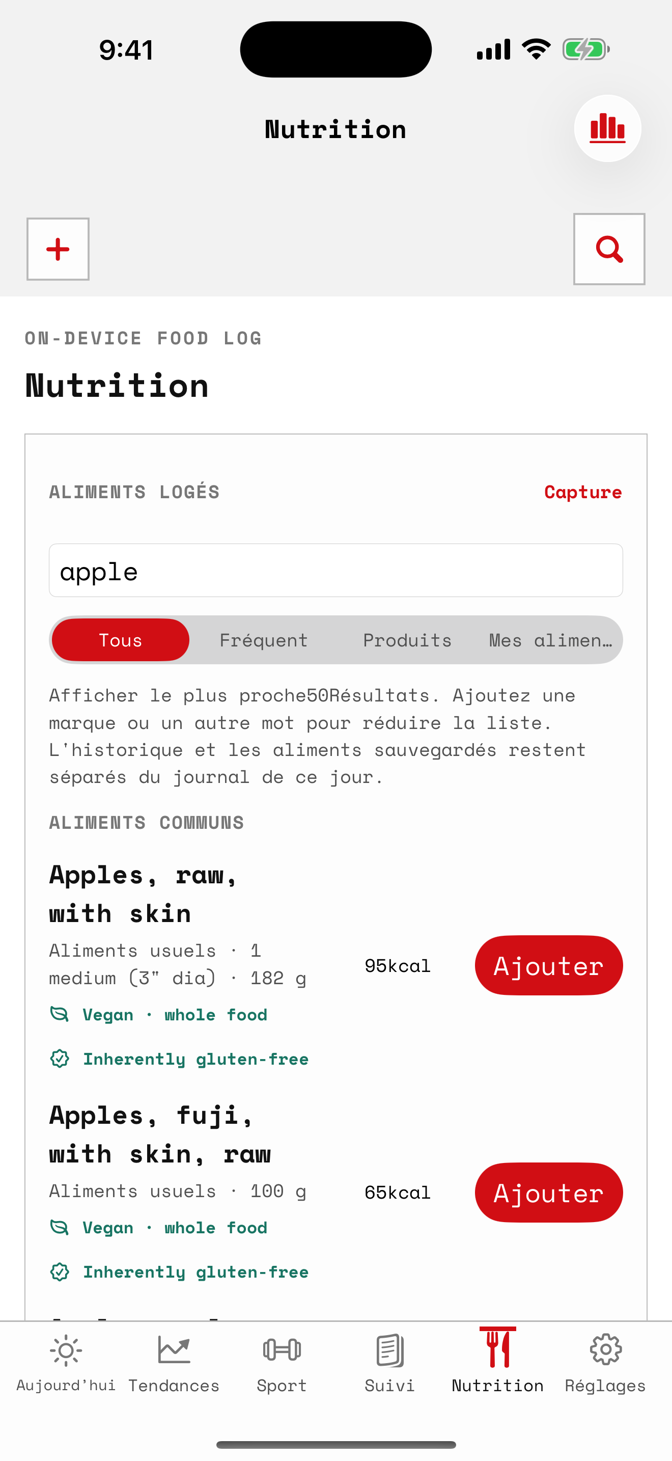 Registre alimentaire du Salus avec les repas et les totaux quotidiens