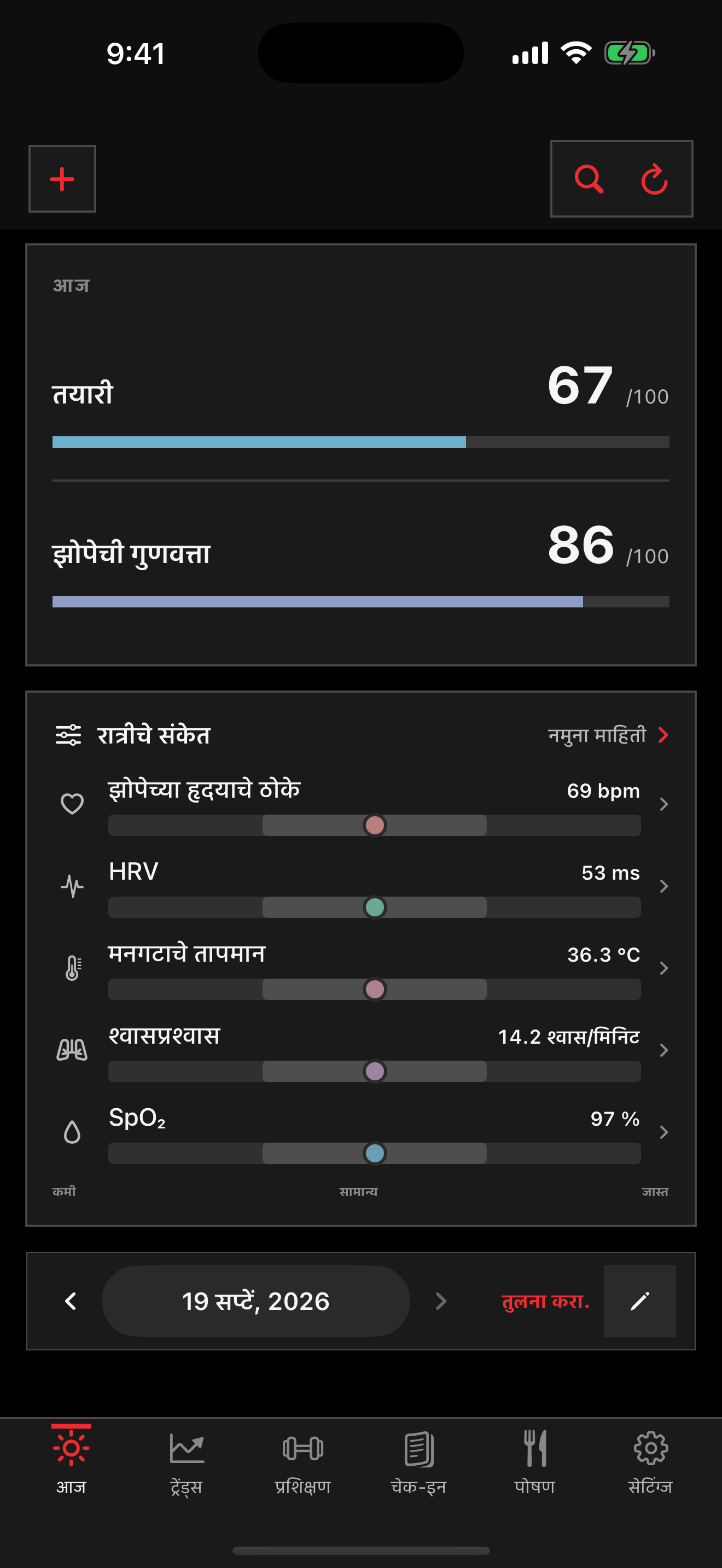 सज्जता, झोप आणि उपलब्ध रात्रीच्या संकेतांसह आजचे सॅलस स्क्रीन