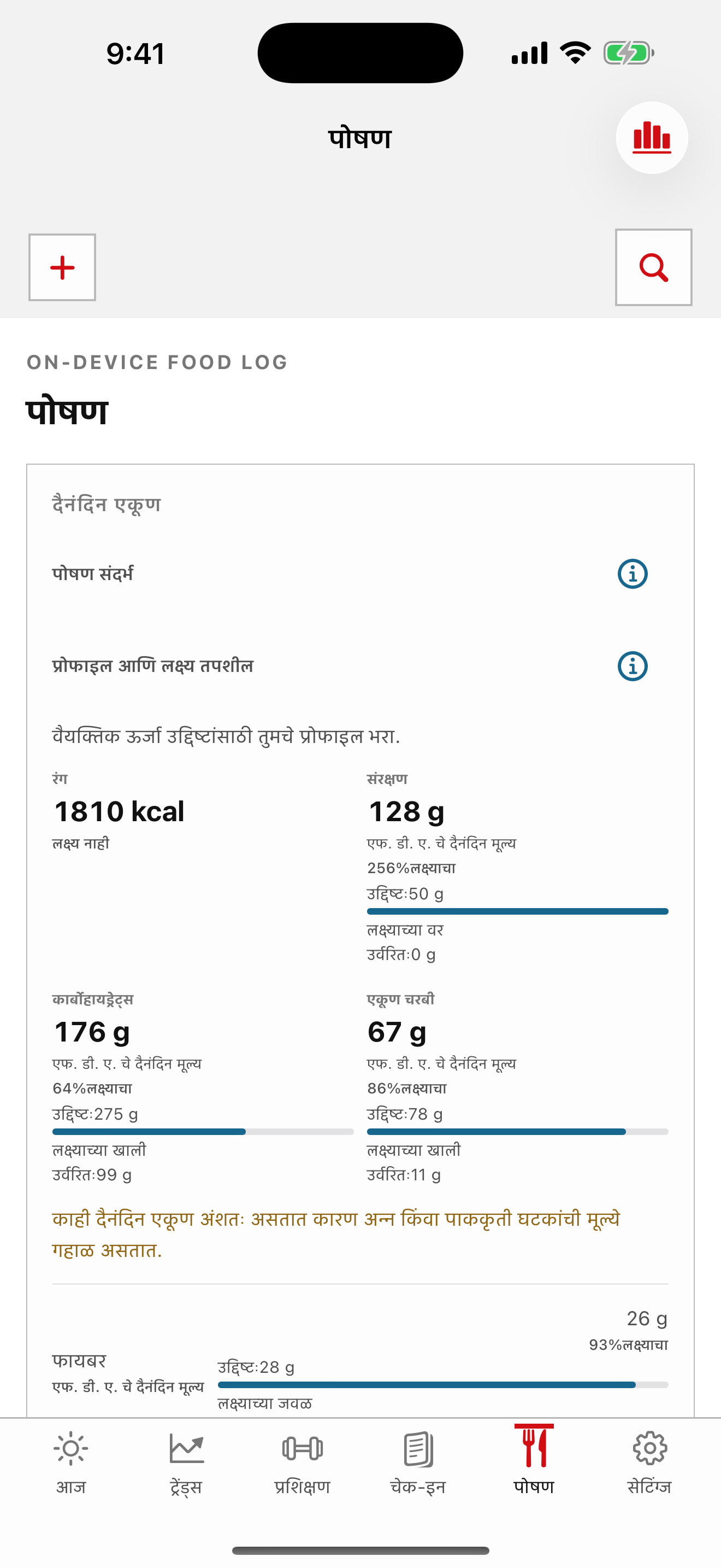 कॅलरी, मॅक्रो आणि उपलब्ध पोषक तत्त्वांसह सॅलस पोषण पडदा