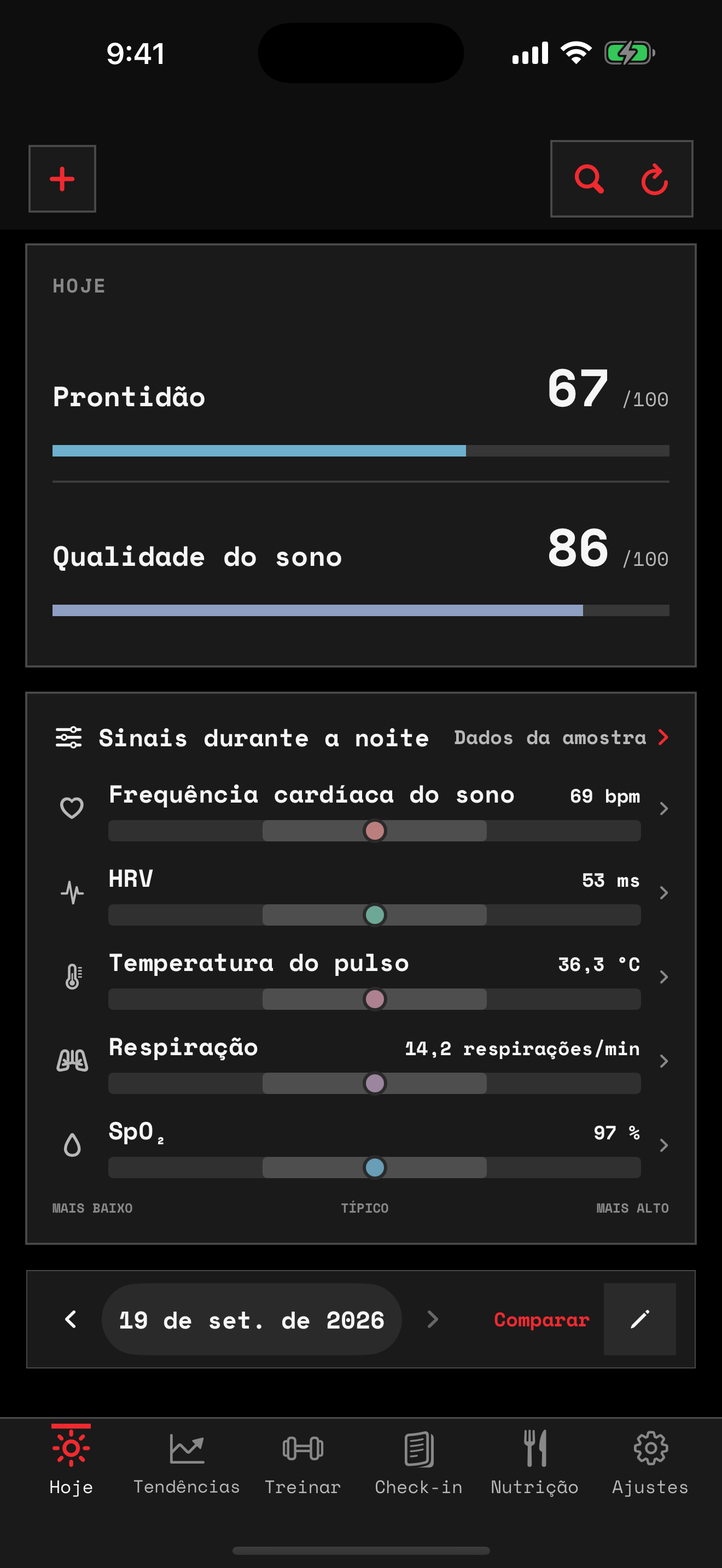 Tela de hoje com prontidão, sono e sinais noturnos disponíveis