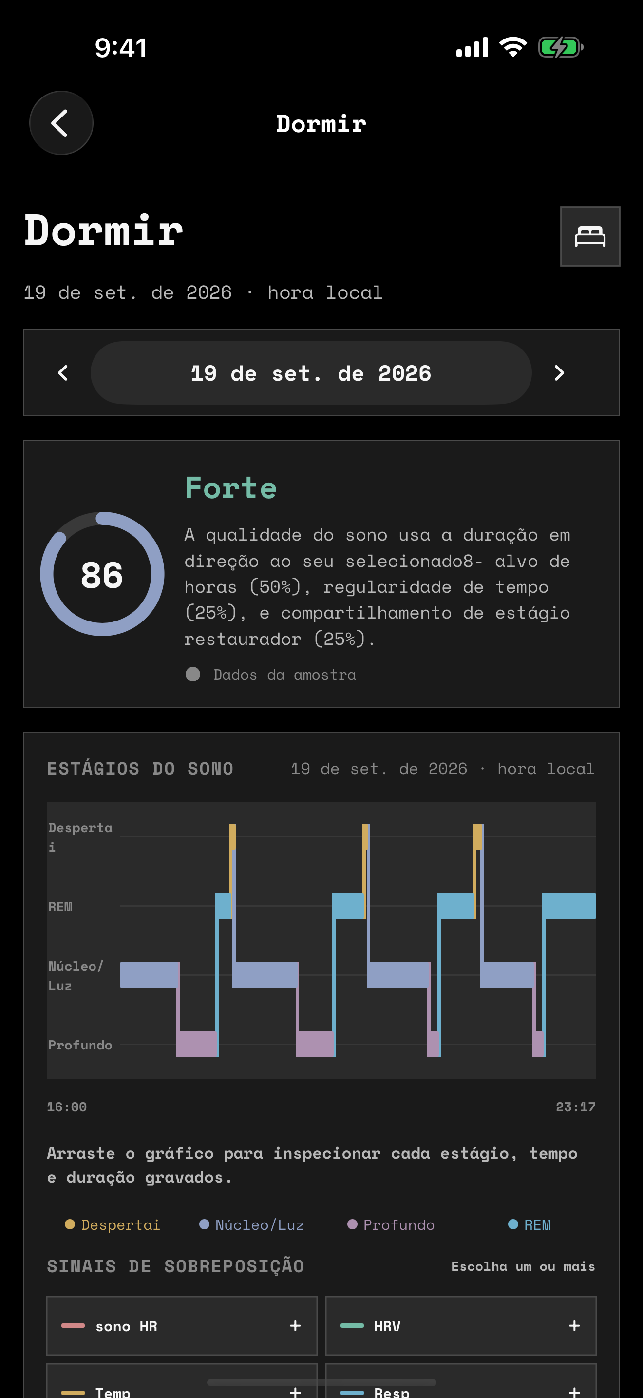 Tela de sono com estágios e sinais noturnos disponíveis