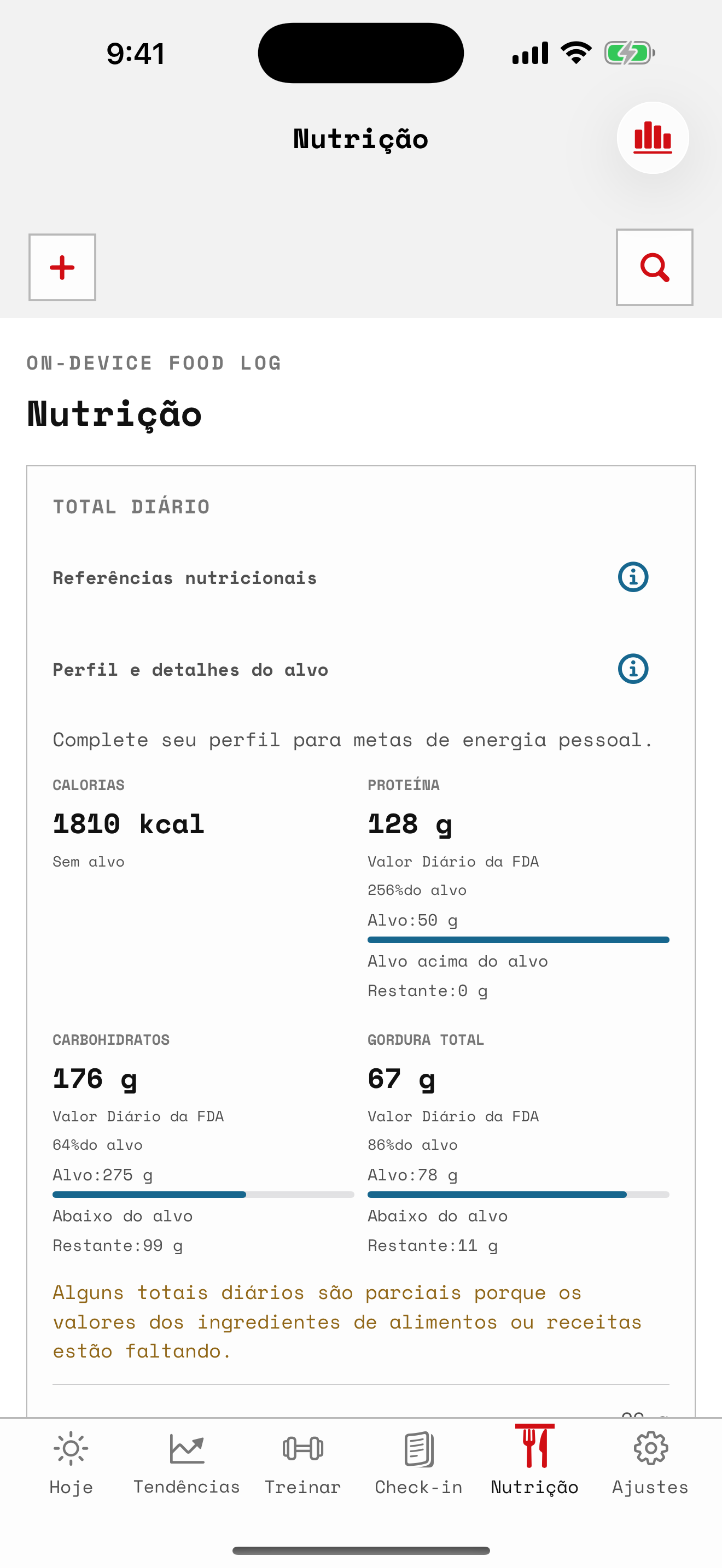 Tela de nutrição com calorias, macros e nutrientes disponíveis