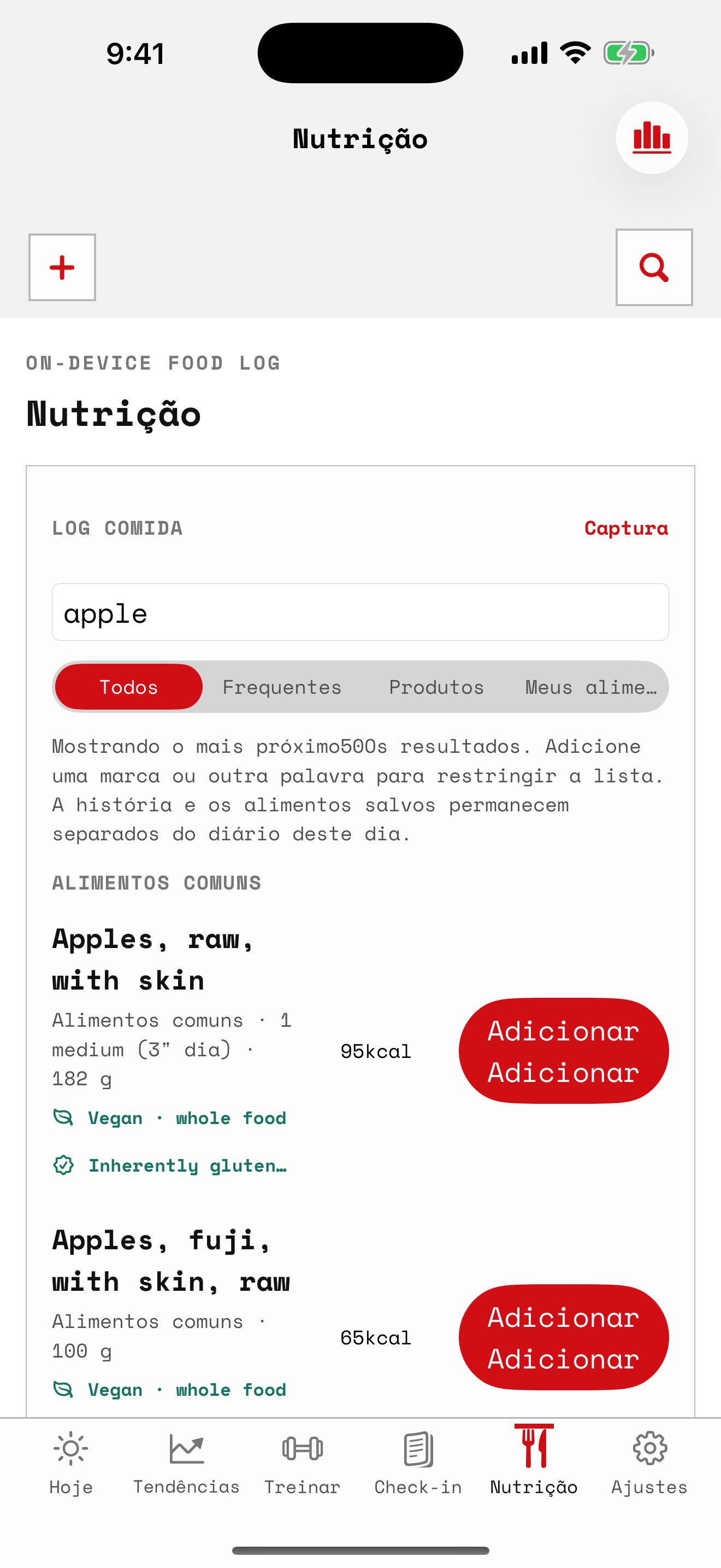 Diário de alimentação Salus com refeições e totais diários
