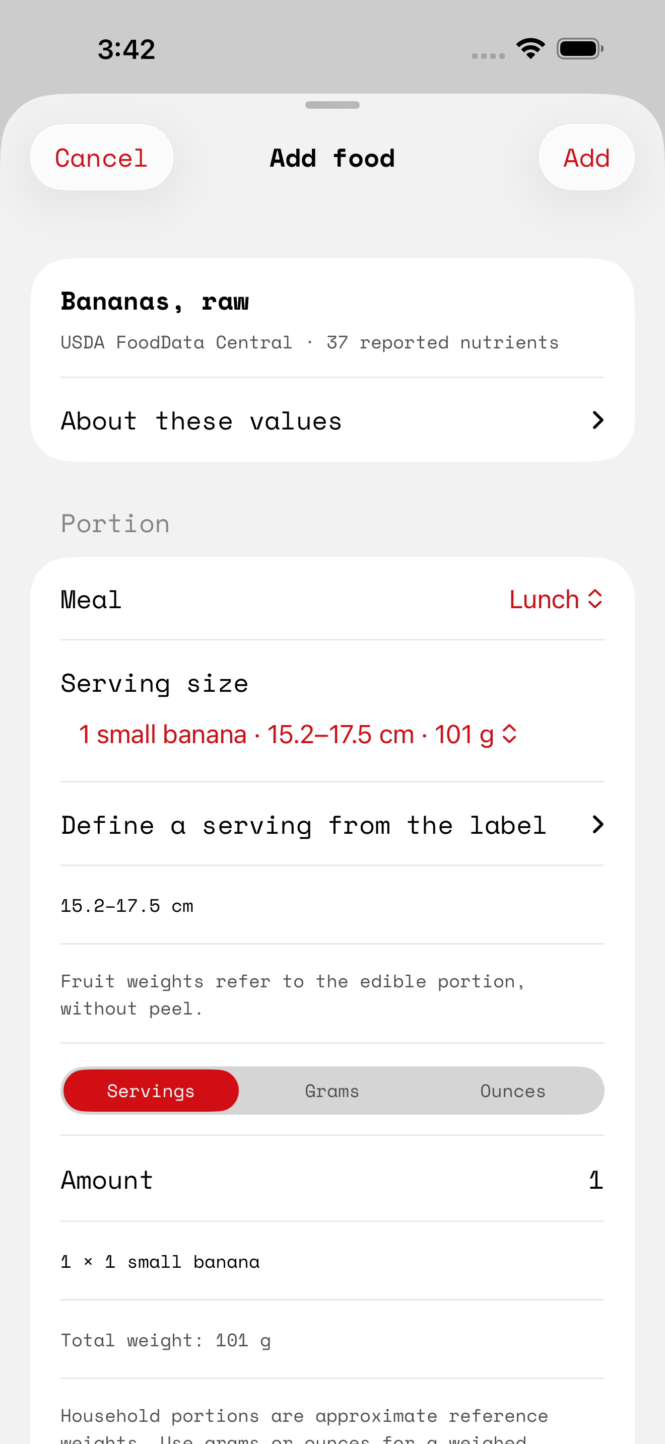 Salus food review with a small banana portion, its reference weight, and length in centimeters