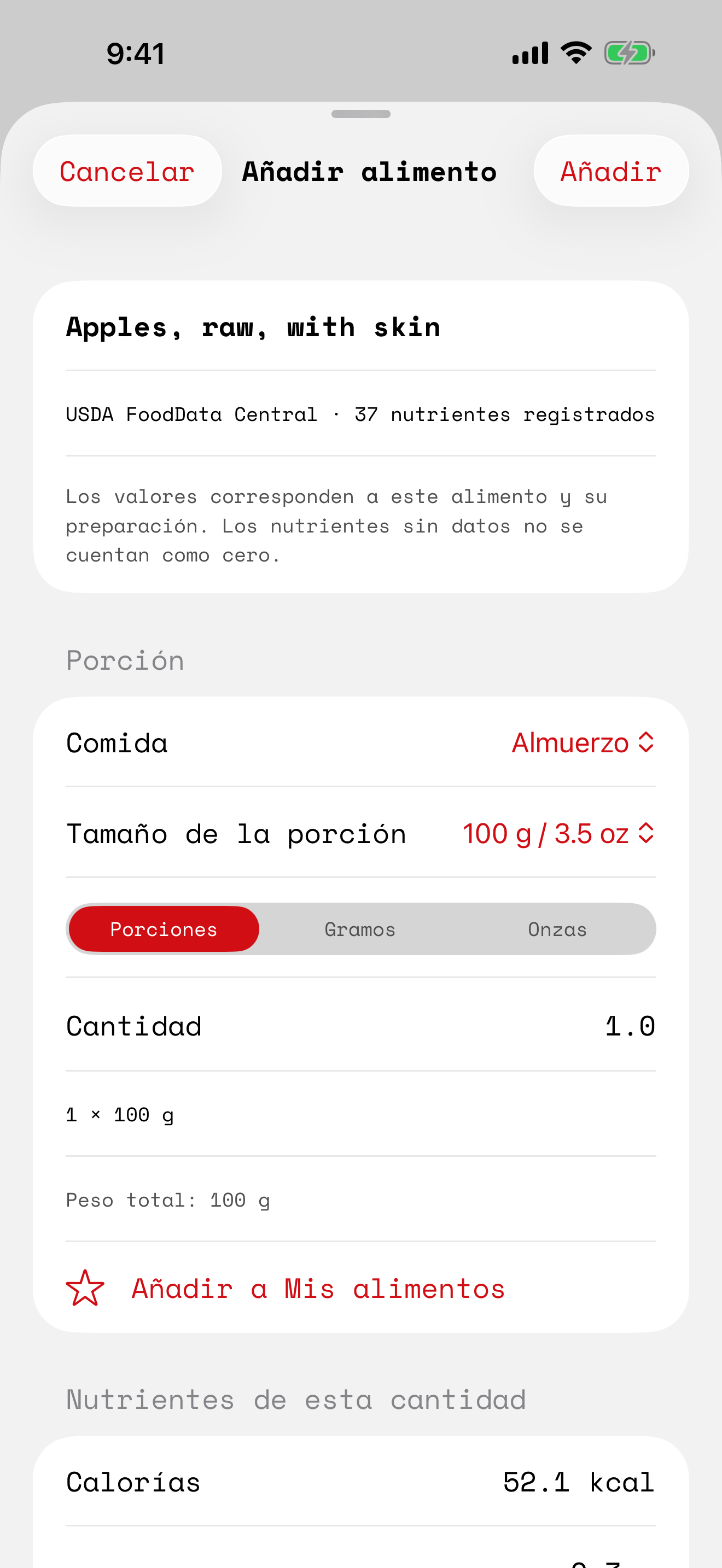 Revisión de un alimento en español con porción y cantidad editables