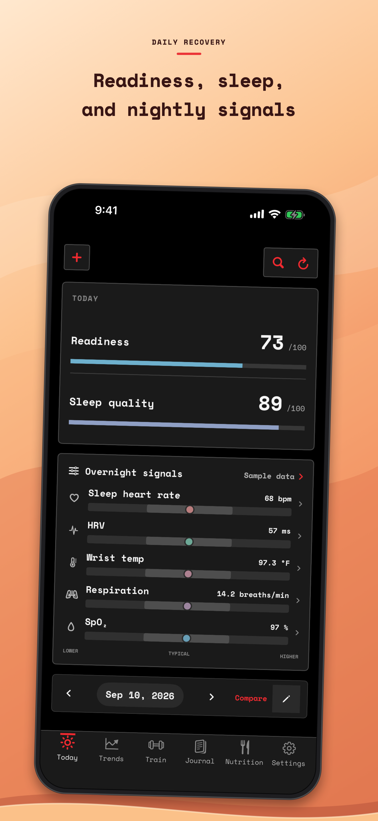 Salus daily recovery App Store screenshot in dark mode showing readiness, sleep quality, and nightly signals on a Dynamic Island iPhone