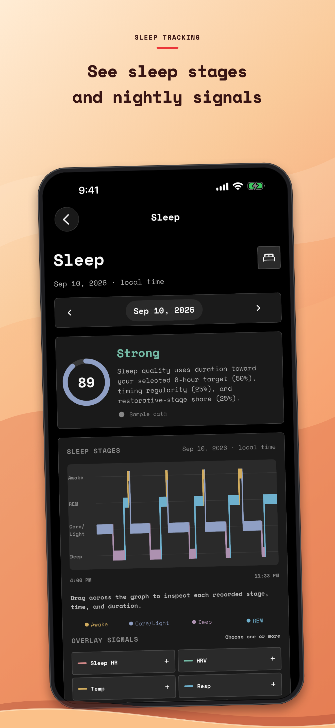Salus sleep tracking App Store screenshot in dark mode showing sleep stages and nightly signal overlays on a Dynamic Island iPhone