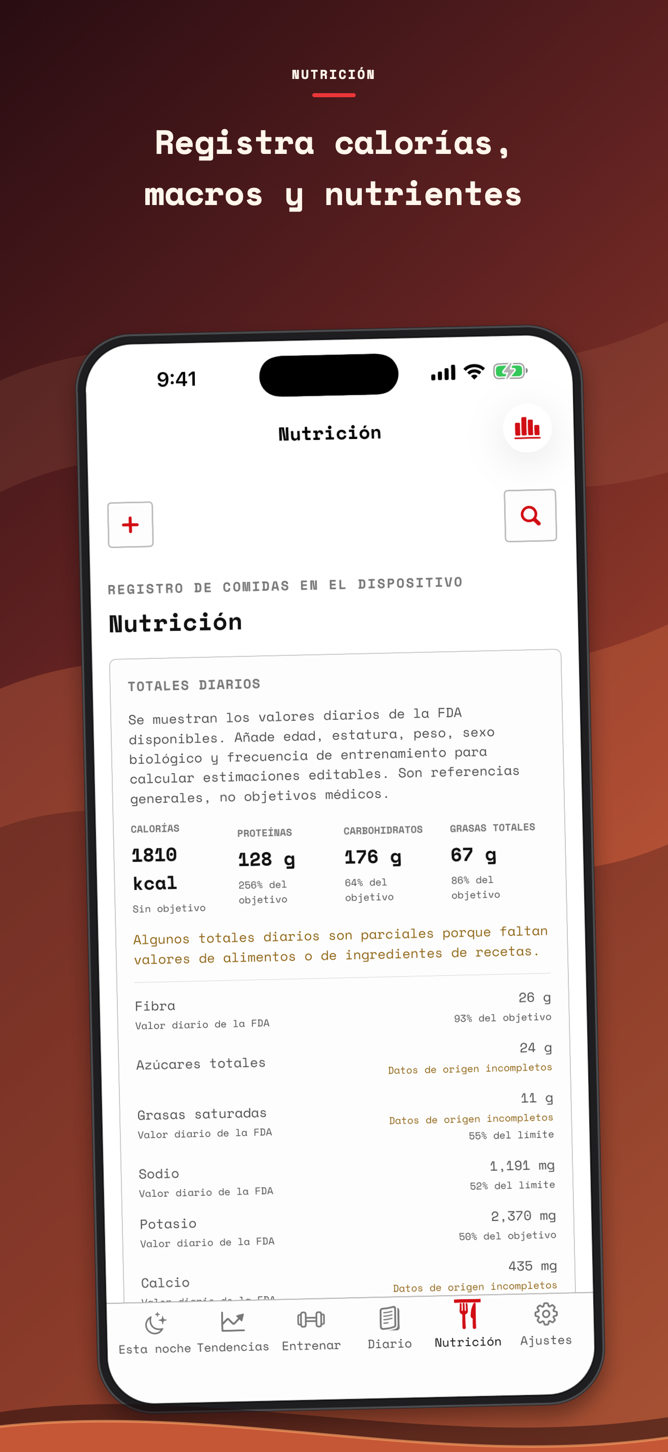 Totales de nutrientes en español y modo claro