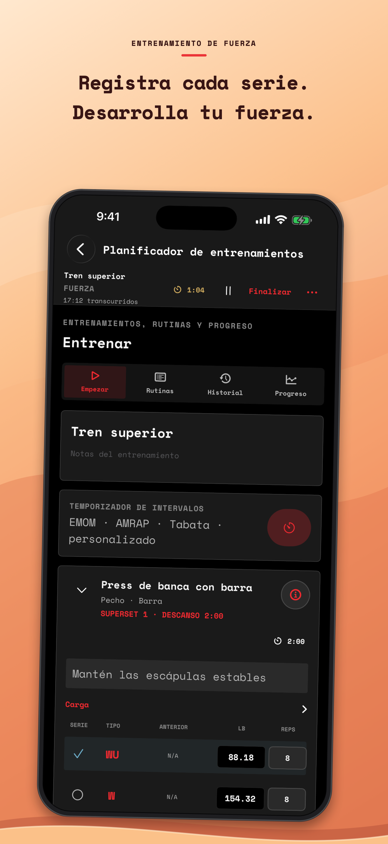 Registro de fuerza en español con series, repeticiones y carga