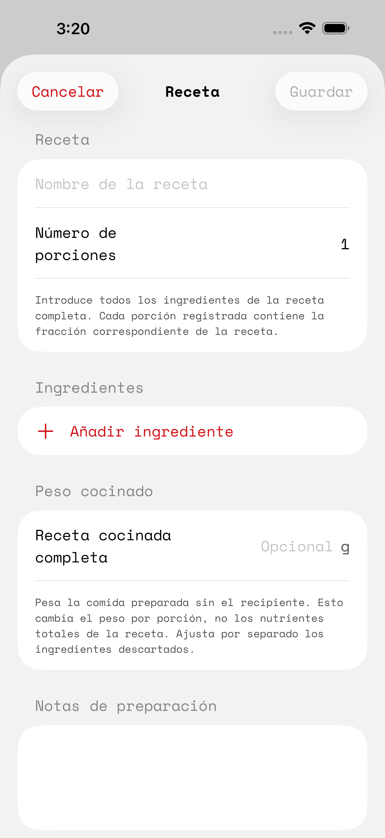 Salus recipe builder in Spanish with ingredient and serving controls