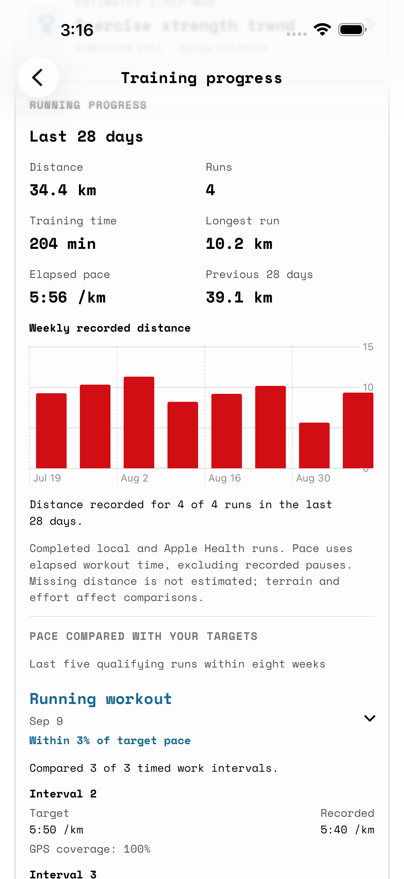 Salus running pace comparison using recorded intervals and prescribed targets